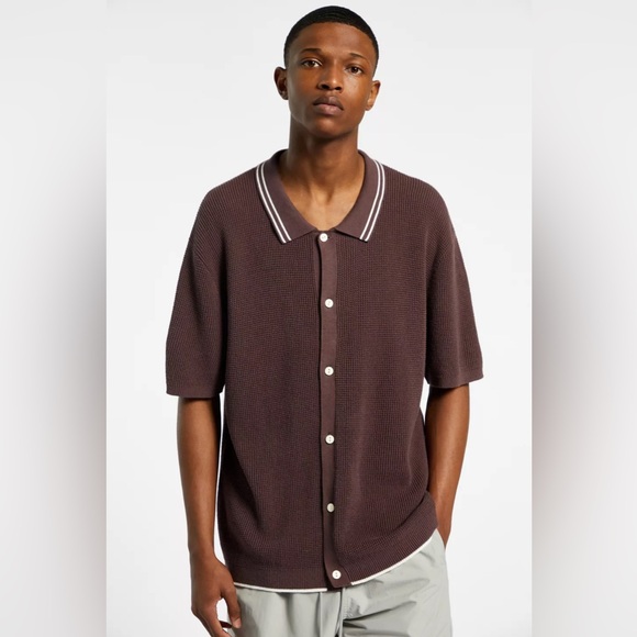 Standard Cloth (Urban Outfitters) Brown Waffle Stitch Polo Button Up sz M - Picture 1 of 14